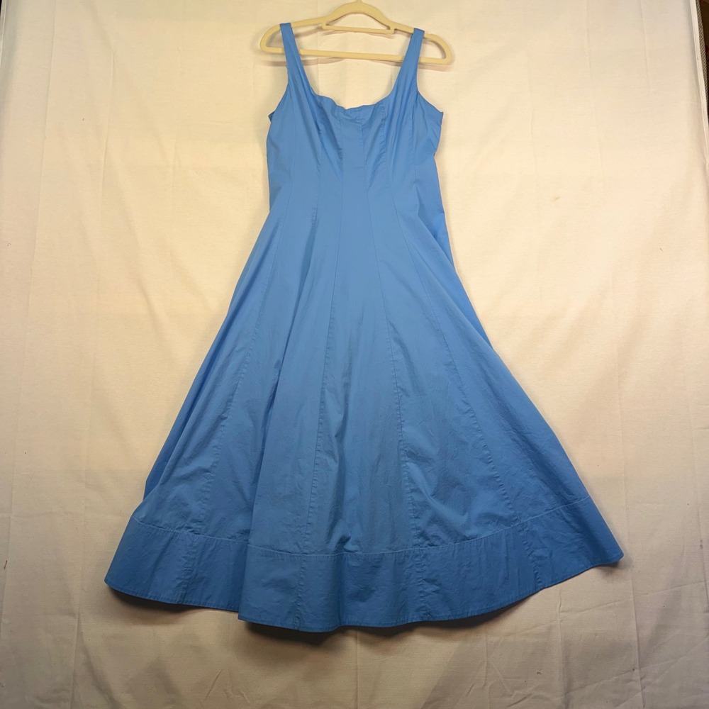 STAUD Wells Midi Dress Blue Cotton Poplin Fit & Flare Paneled Corset Bodice 8
